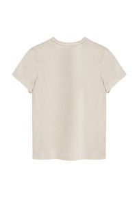 Jasno beżowy t-shirt z krótkim rękawem, mający klasyczny okrągły dekolt i miękką, gładką bawełnianą teksturę. Prosty design, bez wzorów czy akcentów.