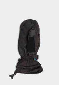 Svarta vantar gjorda av ett vattentåligt material med läderdetaljer, elastisk mudd och justerbar rem. Har en liten färgad etikett.