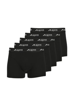 Cinq paires de boxers noirs avec une ceinture élastique présentant le nom de la marque "aprel" en blanc. Fabriqués à partir d'un tissu lisse et extensible.