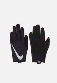 Black athletic gloves made of smooth fabric, featuring a textured grip on palm and fingers, with a prominent silver Nike swoosh logo.