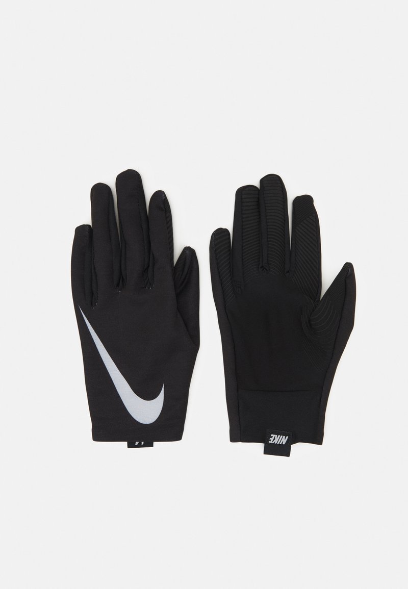 Black athletic gloves made of smooth fabric, featuring a textured grip on palm and fingers, with a prominent silver Nike swoosh logo.