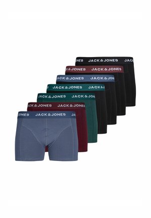 Set di boxer da uomo in cinque colori: blu, verde, bordeaux, nero e grigio. Ognuno presenta una cintura con marchio e testo in contrasto.