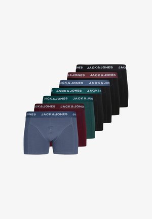 Set di boxer da uomo in cinque colori: blu, verde, bordeaux, nero e grigio. Ognuno presenta una cintura con marchio e testo in contrasto.