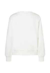 White sweatshirt with a crew neckline, long sleeves, and ribbed cuffs. Smooth texture, simple design, and no visible graphics or embellishments.