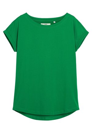 Groen T-shirt met korte mouwen, een ronde hals en een licht gebogen zoom, gemaakt van gladde stof, platgelegd op een witte achtergrond.