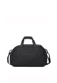 Sac de sport noir en tissu résistant ; doté d'une poignée supérieure, d'une sangle réglable et de poches extérieures discrètes. Forme rectangulaire.