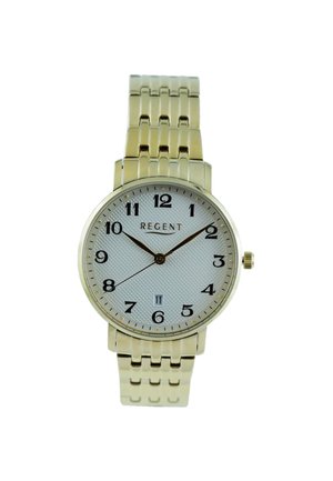 Gouden metalen polshorloge met wit gestructureerde wijzerplaat, zwarte Arabische cijfers, drie wijzers, datumaanduiding bij 6 uur en het "REGENT" logo onder de 12 uur positie.