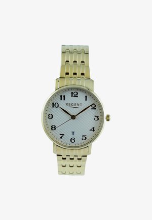 Gouden metalen polshorloge met wit gestructureerde wijzerplaat, zwarte Arabische cijfers, drie wijzers, datumaanduiding bij 6 uur en het "REGENT" logo onder de 12 uur positie.