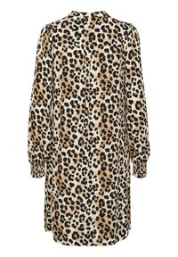 Leopardenmuster-Kleid mit langen Ärmeln, das einen plissierten Rücken, gesmockte Bündchen und einen lässigen Schnitt in Beige, Braun und Schwarz bietet.