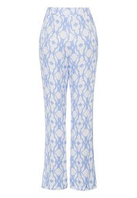 Blauwe en witte gestreepte broek met een bloemenpatroon, uitlopende pijpen en een gladde textuur. Tailleband met riemlussen aan de achterkant.