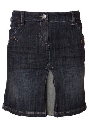 Jupe en denim foncé avec fente avant, design à cinq poches, passants de ceinture et couture contrastante. Dispose d'une fermeture à bouton classique.