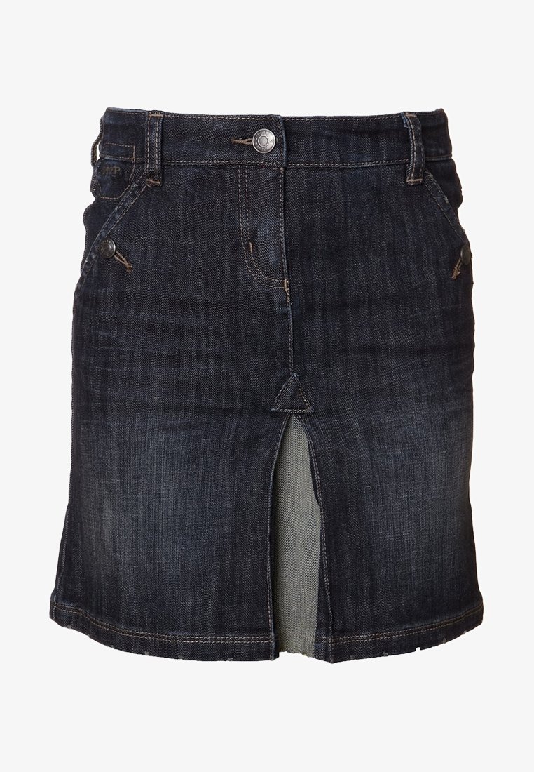 Gonna in denim scuro con spacco frontale, design a cinque tasche, passanti per cintura e cuciture a contrasto. Presenta una chiusura classica con bottone.