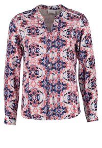 Blouse boutonnée à manches longues avec un motif géométrique floral rose, marine et blanc et un col rond.