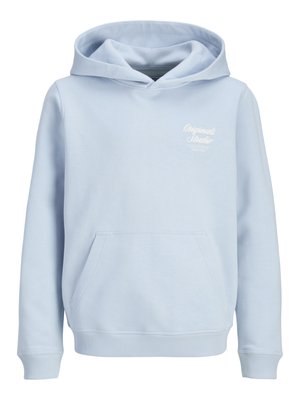 Lichtblauwe hoodie gemaakt van zacht materiaal, met een voorzak in kangaroostijl, geribbelde manchetten en een logodetail op de borst.