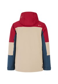 Farbenfroh blockierte Jacke mit roten, beigen und blauen Abschnitten. Verfügt über eine Kapuze, lange Ärmel und ein Logo auf dem oberen Rücken. Glatte Textur.