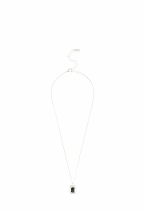 Silver chain necklace with a rectangular black stone pendant and an adjustable clasp on a white background.