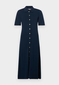 Μίντι φόρεμα σε ναυτικό μπλε, κατασκευασμένο από απαλό ύφασμα, με λαιμόκοψη με γιακά, κοντά μανίκια και χρυσά κουμπιά στο μπροστινό μέρος.