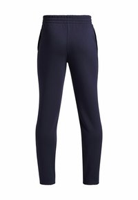 Marineblauwe sportbroek met een elastische tailleband, zijzakken en taps toelopende benen. Gemaakt van een gladde, lichte stof.