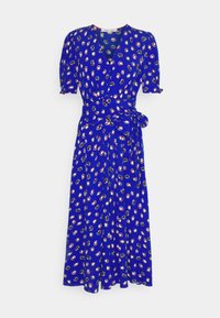 Blue dress with short puff sleeves, V-neckline, waist tie, and scattered multicolored circular pattern throughout. Smooth fabric, midi length.