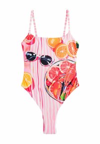 Costume intero con spalline sottili, caratterizzato da un motivo a righe rosa e bianche e grafiche vivaci di frutta e frutti di mare.