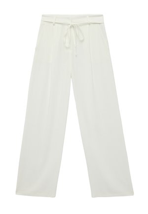 White wide-leg trousers with high waist, front pleats, belt loops, side pockets, and a front tie string closure.