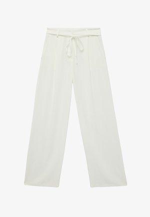 White wide-leg trousers with high waist, front pleats, belt loops, side pockets, and a front tie string closure.