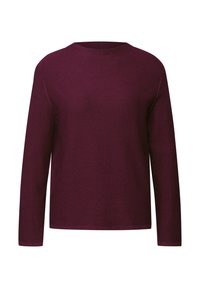 Burgunderfarbener Pullover mit langen Ärmeln, runder Halslinie, gerippter Textur und lockerer Passform. Glattes Material ohne sichtbare Muster oder Akzente.