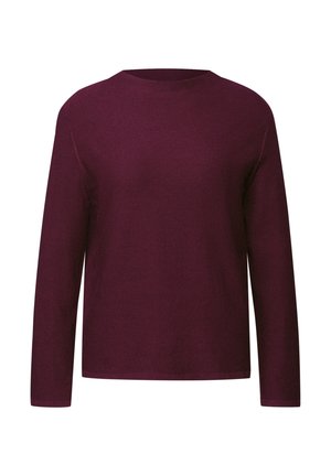 Maglione bordeaux a maniche lunghe con scollo rotondo, texture a costine e vestibilità morbida. Tessuto liscio senza motivi o accenti visibili.