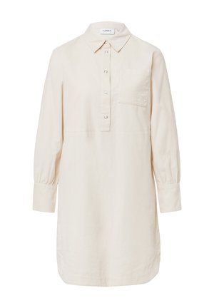 Helles Beigekleid aus weichem Stoff, mit Knopfleiste, Kragen, langen Puffärmeln und einer kleinen Brusttasche.