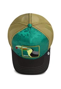 Gorra de béisbol con paneles de malla oliva, frente verde con patrón floral, visera negra y parche bordado de tucán con la etiqueta "VISTOSO".