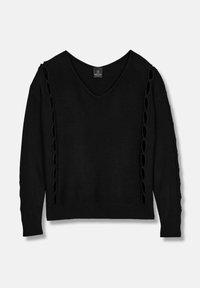 Schwarzer Strickpullover mit V-Ausschnitt, Schlaufenakzenten an den Ärmeln und geripptem Saum. Weiche Textur und lockere Passform.