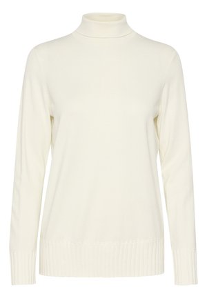 Krém színű garbós pulóver hosszú ujjakkal, bordázott mandzsettákkal és aljjal, puha kötött anyagból készült. Egyszerű dizájn, minta vagy díszítés nélkül.