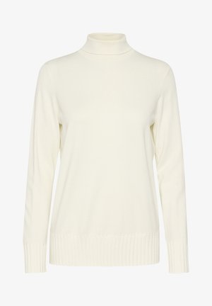 Krém színű garbós pulóver hosszú ujjakkal, bordázott mandzsettákkal és aljjal, puha kötött anyagból készült. Egyszerű dizájn, minta vagy díszítés nélkül.