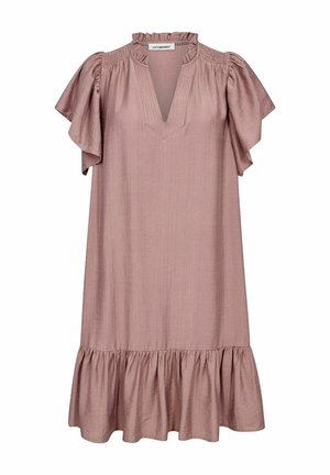 Šviesiai rožinė, iki kelių siekianti suknelė su plazdančiomis rankovėmis, V formos iškirpte, susiraukusiu korpusu ir banguotu apdailu. Pagaminta iš minkštos, tekstūruotos medžiagos.