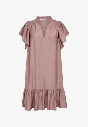 Vestido rosa claro, de longitud a la rodilla, con mangas de batwing, escote en V, cuerpo fruncido y dobladillo con volantes. Fabricado en una suave tela texturizada.