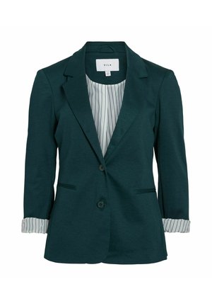 Blazer en bleu canard avec un col cranté, fermeture à bouton unique, deux poches avant, et doublure rayée visible aux poignets et sous le col.