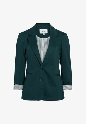 Blazer en bleu canard avec un col cranté, fermeture à bouton unique, deux poches avant, et doublure rayée visible aux poignets et sous le col.