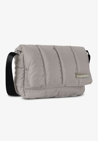 Gray padded messenger bag with a flap closure, black strap, and a logo accent; features horizontal quilted texture.