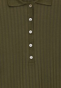 Olive green, ribbed polo shirt featuring a collar and six white buttons down the front. The fabric has a smooth texture.