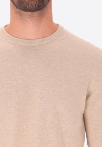 Primo piano di un uomo che indossa un maglione beige a girocollo, mostrando il collo e la parte superiore del petto con una leggera barba di tre giorni visibile.