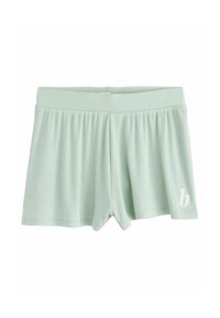 Lichtgroene geribde shorts met een elastische tailleband en een witte geborduurde letter "b" op de linker onderkant. Eenvoudig en casual ontwerp.