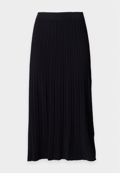 Jupe midi plissée noire avec ceinture élastique, conçue pour une coupe fluide et une texture lisse.