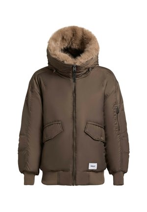 Brown puffer jacket with a faux fur-lined hood, front zip closure, two large front pockets, and ribbed cuffs and hem.