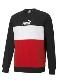 Felpa Puma con parte superiore nera, sezione centrale bianca e parte inferiore rossa. Ha un collo a giro e polsini e orlo a coste.