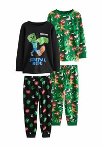 Set med två pyjamasöverdelar och underdelar. Svart topp med grön karaktär och text, grön set med explosiva mönster, båda i mjukt tyg.