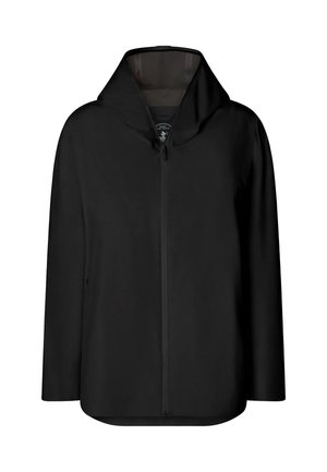 Schwarze wasserdichte Kapuzenjacke mit Frontreißverschluss und leicht gerundetem Saum, entworfen zum Schutz vor Regen.
