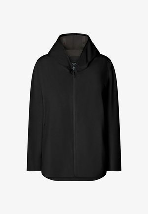 Veste noire imperméable à capuche avec fermeture éclair devant et ourlet légèrement arrondi, conçue pour protéger de la pluie.