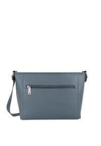 Borsa a tracolla grigia in pelle con superficie testurizzata, tasca frontale con zip, tracolla regolabile e forma rettangolare. Design minimalista.