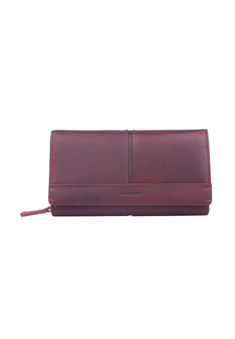 Portafoglio in pelle bordeaux scuro con una superficie liscia, dotato di una fascia orizzontale, chiusura con zip e logo impresso. Forma rettangolare compatta.