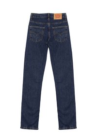 Jeans in denim blu scuro con un design a gamba dritta, caratterizzati da due tasche posteriori e una patch in pelle marrone chiaro con logo in vita.